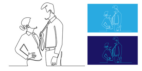 Continuous one line drawing of man and woman interaction. Female pulling man’s tie playfully. Minimalist outline vector, couple relationship, romance, love, flirting, modern line art illustration.