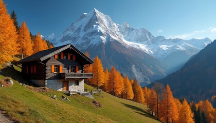 Obraz premium Mountain chalet with dark colors, orange shutters, wooden exterior nestled in autumnal landscape. Chalet on grassy hill, panoramic view of snowy mountains. Majestic peaks reach towards clear blue