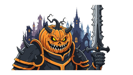 Halloween Pumpkin Warrior: A menacing pumpkin-headed warrior stands ready, brandishing a sword against a spooky castle backdrop, embodying the spirit of Halloween in a photorealistic illustration.