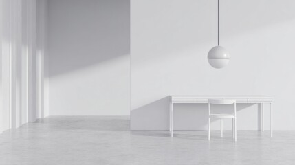 A minimalist room with smooth light gray walls and floor, featuring a modern white desk and chair, oval pendant lamp,
