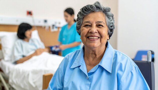 Cheerful grandmother enjoying her time in a nursing home with caregivers assisting other residents