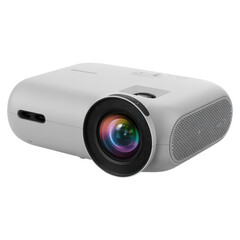 A modern white digital projector device with a colorful lens displayed isolated on transparent background