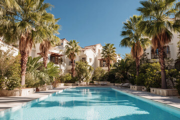 Fototapeta premium Mediterranean villa with palm trees, swimming pool in front, bright sunny day