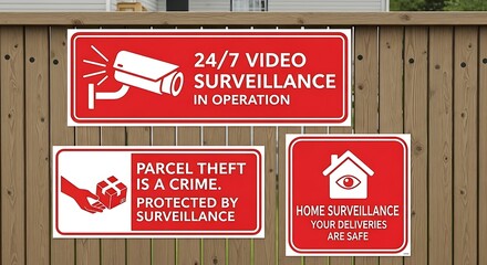 Security signs on a wooden fence indicating 247 video surveillance and parcel theft protection.