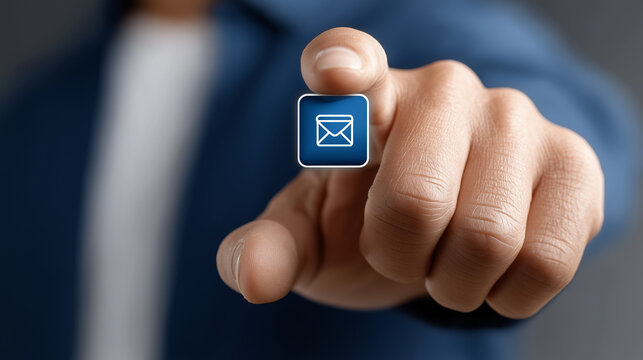 Digital Touch: A close-up shot captures a finger poised to press a digital email icon, highlighting technological connectivity and digital communication.