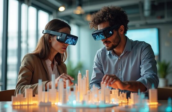 Two architects wearing augmented reality glasses examine 3D city model at modern office. Specialists use software for building design, urban planning, construction. Discussing project, technology,