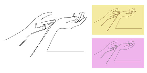 Continuous one line drawing of elegant woman’s hands. Minimalist outline vector for beauty advertising, skincare, nail care, cosmetic product promotion, feminine and graceful style illustration.