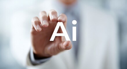 Human hand with AI text overlay, concept of artificial intelligence and technology.
