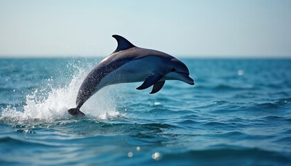 Fototapeta premium Dolphin leaps from deep blue ocean, majestic gray and white creature soars through air. Sleek body arched in flight, tail creates motion, contrasted against blue water with brown speckled waves.