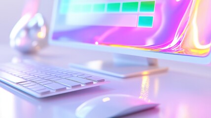 Modern desktop setup with wireless keyboard and mouse and a floating semi-transparent holographic checklist. Survey research answer checklist