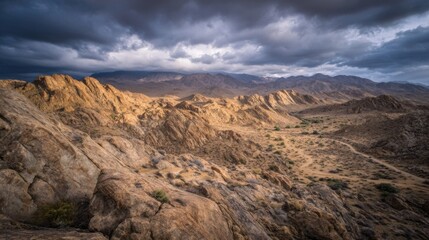 Obraz premium Rugged arid landscape with weathered rocks, vast rocky hills, sparse vegetation, dramatic cloudy sky,