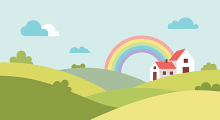 Naklejka premium Cartoon Landscape with Rainbow and House.