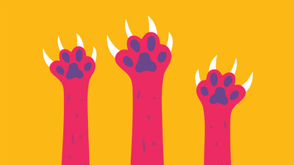 Three pink cat paws raised on solid yellow background