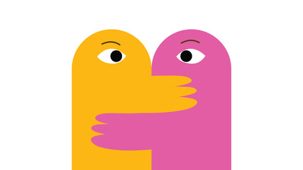 Yellow and pink hugging abstract figures with single symbolic eyes