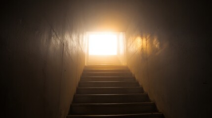 A dimly lit staircase ascends towards a brightly illuminated doorway,