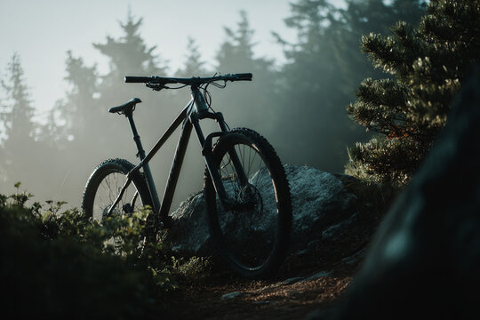 Modern mountain bike leaning against a rock on a forest trail, early morning mist, cinematic mood - Powered by Adobe