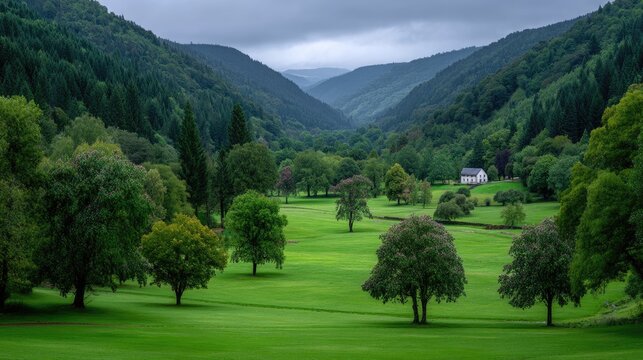 Lush Green Valley with Rolling Hills and Scattered Trees Under a Cloudy Sky Landscape with a Green Field and Distant House Serene Scenery - Powered by Adobe