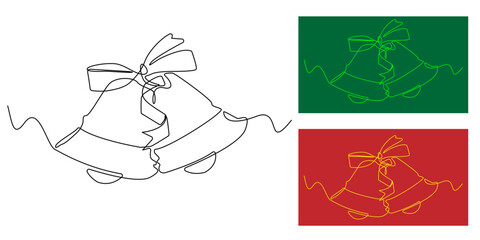 Continuous line drawing of Christmas bells with ribbon. Minimalist vector illustration symbolizing holiday season, festive decoration, and traditional Christmas celebration in simple outline style.