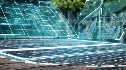Solar panels with holographic energy grid overlay in a futuristic outdoor setting