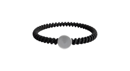 A stylish black hair tie with a silver charm isolated on transparent background, perfect for creating effortless and chic hairstyles for any occasion