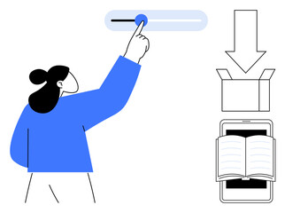 Woman interacting with a slider. Accompanying icons include a downward arrow, open package, and digital book. Ideal for e-commerce, learning, technology, customization, delivery interface