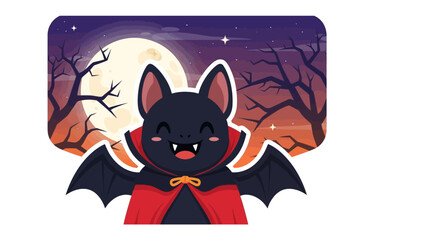 Animated Bat in Moonlight: A whimsical cartoon bat, with outstretched wings, hovers gracefully against a radiant full moon in a spooky Halloween themed background.