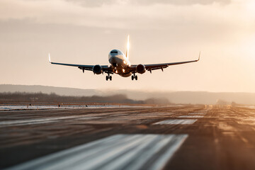 Fototapeta premium Passenger airplane taking off at sunrise, dramatic low angle perspective, motion blur on runway