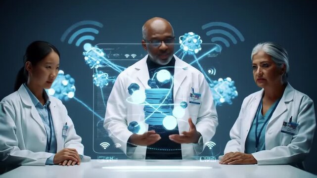 Doctors review data; wireless network; virus background; medical research - Powered by Adobe