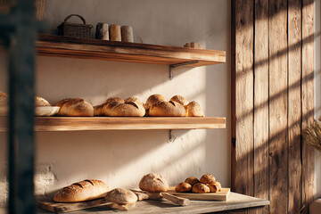 Rustic bakery interior with bread and pastries on wooden shelves, warm natural lighting