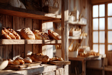 Rustic bakery interior with bread and pastries on wooden shelves, warm natural lighting