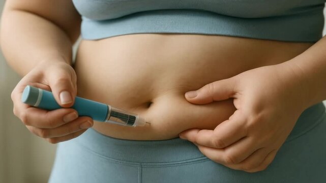 A plus-sized woman self-injects GLP-1medication using a injector pen on her belly. The focus is on the hands and the Semaglutide treatment for weight loss. Faceless shot