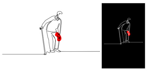 Continuous line drawing of elderly man with cane suffering from knee pain. Minimalist vector illustration showing health problem, joint pain, and aging issues in simple outline style.