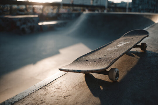 Skateboard resting on concrete skatepark ramp, low angle shot with shallow depth of field - Powered by Adobe