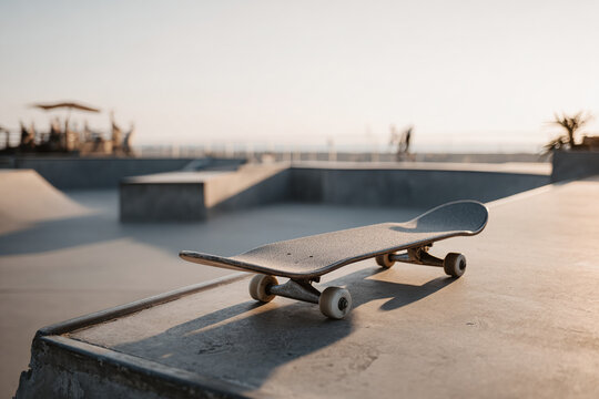 Skateboard resting on concrete skatepark ramp, low angle shot with shallow depth of field