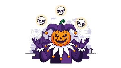 Halloween Carnival: a Spooky pumpkin jester character is in front of the carnival in the Halloween season. It’s juggling some skulls, representing Halloween fun.