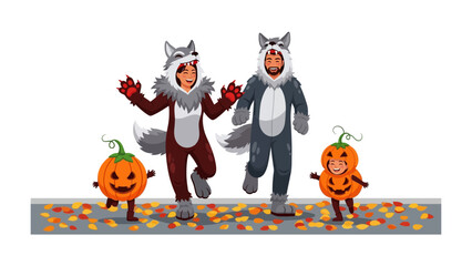 Halloween Costume Party: A family joyfully prances along the sidewalk, adorning charming wolf costumes and joyful pumpkins that add warmth and charm to the Halloween season.