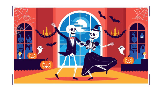 Spooky Dance: Two skeleton figures waltz gracefully in a gothic-style room adorned with Halloween decorations, a playful image for the spooky season.
