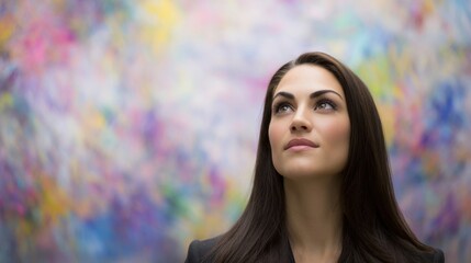 A woman gazes upwards with a focused expression against a vibrant blurred backdrop,