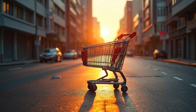 Solitary shopping cart on empty street at dawn sunrise. Urban scene with lone cart shadow in golden morning light. Quiet deserted city business district with asphalt road sidewalk. Symbolic