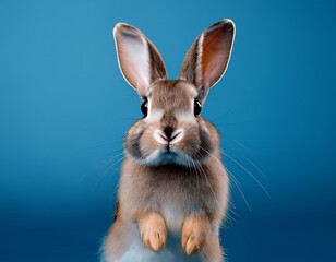 Obraz premium Adorable Brown Rabbit on Blue Background: Close-up Portrait of a Cute and Curious Bunny Looking at the Viewer.