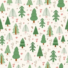 seamless pattern, Fir tree, stars, dots, snow,  line drawing,  pink design, elements are isolated on white background. Simple conceptfor winter. for  party banner, print.  art illustration
