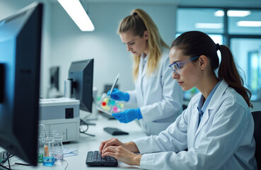 Team of lab technicians conduct series of tests. Two female scientists work in modern computer laboratory, doing research with test tubes and pipette, wearing coat and gloves, developing new medicals.