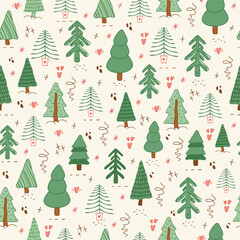 Obraz premium seamless pattern, cute illustration. tree, stars, dots, snow, simple design. hand drawn doodles are isolated on a pink background. A trend concept for print, banners, posters. vector art 