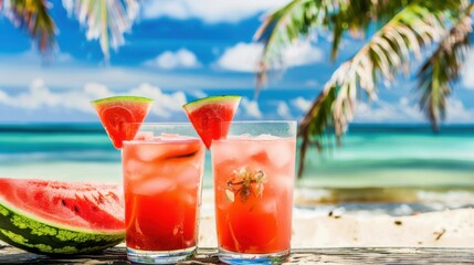 Obraz premium Tropical Beach Cocktails: Cold Alcohol Drinks, Orange Juice & Fresh Fruit Refreshments by the Sea