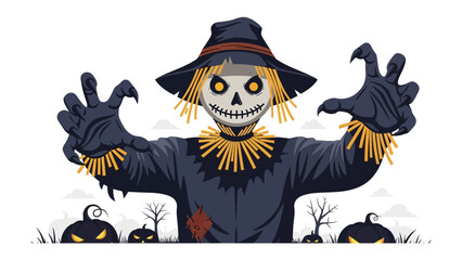 Fototapeta premium Spooky Scarecrow Scene: A chilling illustration of a scarecrow set against the backdrop of a haunted scene, embodies the spirit of Halloween.