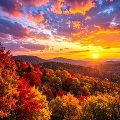 Autumn sunset over colorful hills