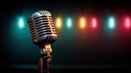 A classic silver microphone gleams under the colorful stage lights, evoking a feeling of vintage performance and entertainment in a vibrant, illuminated setting.