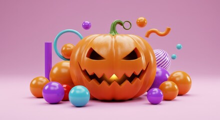 Halloween pumpkin with glowing eyes and geometric shapes. Spooky jack-o-lantern surrounded by colorful spheres and cylinders. Holiday decoration concept.