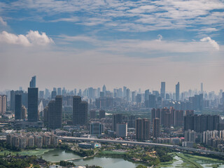 Naklejka premium China, Hubei, Wuhan, summer, city, urban, scenery, sky, cloud, cumulus, sea of clouds, skyline, landmark, architecture, outdoor, aerial photography, high-rise building, skyscraper, technology, modern,