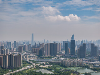 Fototapeta premium China, Hubei, Wuhan, summer, city, urban, scenery, sky, cloud, cumulus, sea of clouds, skyline, landmark, architecture, outdoor, aerial photography, high-rise building, skyscraper, technology, modern,